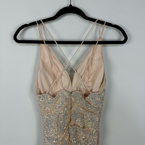 Fiesta Fashion Pink Bush Sequined Padded Strappy Back V Neck Slit Maxi Gown Dres - Picture 4 of 6